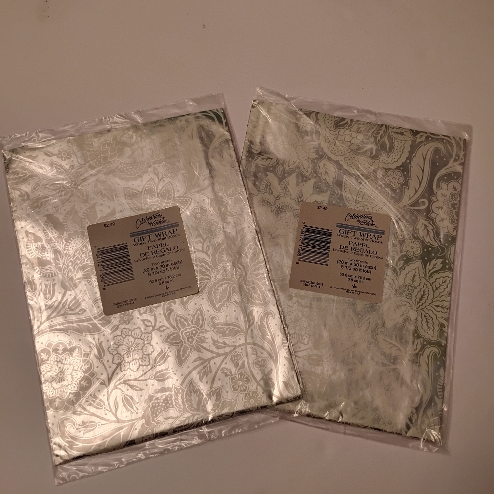 Gibson Greetings Gift Wrapping Paper (2 Packs), Folded, Silver, Floral (NWT)